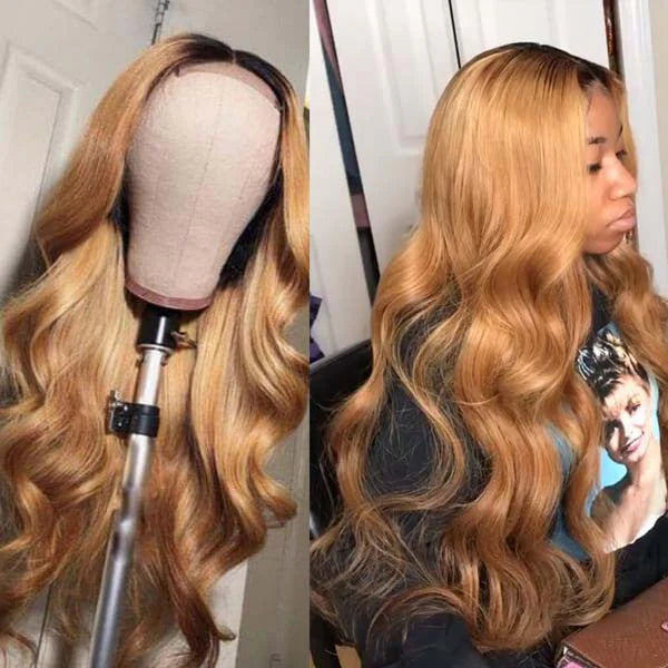 Ombre Honey Blonde Wigs 1B/27 Color 13x4 Lace Front Wig Body Wave Human Hair Wigs