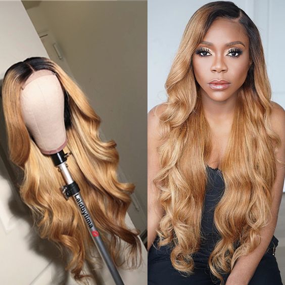 Ombre Honey Blonde Wigs 1B/27 Color 13x4 Lace Front Wig Body Wave Human Hair Wigs