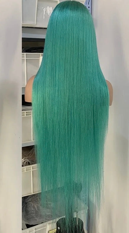 Green Color Human Hair Wig HD Transparent Lace Human Hair Wig Blue color