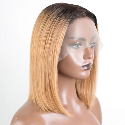 Ombre Gold Blonde Short Straight Bob Lace Front Human Hair Wigs