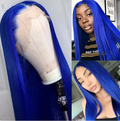 Glueless blue straight 13x4 HD Lace frontal wigs Human Hair