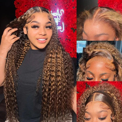 Honey Blonde Highlights Deep Wave Wig Pre Bleached Invisible Knots HD Lace Front Wig