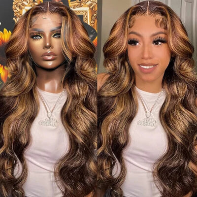 Highlights Ombre Lace Front Wig Body Wave Transparent Lace Brown with Blonde Highlights Wig