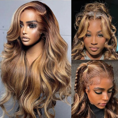 Highlights Ombre Lace Front Wig Body Wave Transparent Lace Brown with Blonde Highlights Wig