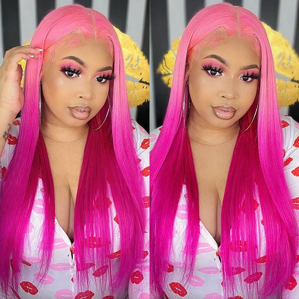 Ombre Barbie Rose Pink Wig Real Straight Human Hair Wig Lace Front Wigs Pre-Plucked