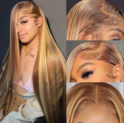 Highlights Straight Human Hair Wigs Ombre Honey Blonde Piano Color 13x4 Lace Frontal Wigs