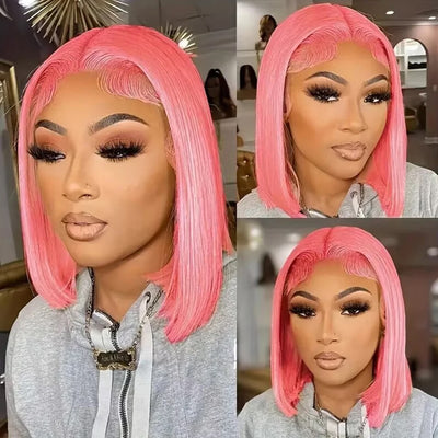 Pink Short Straight Bob Human Hair Wigs 13x4 Lace Frontal HD Lace PrePlucked For Women