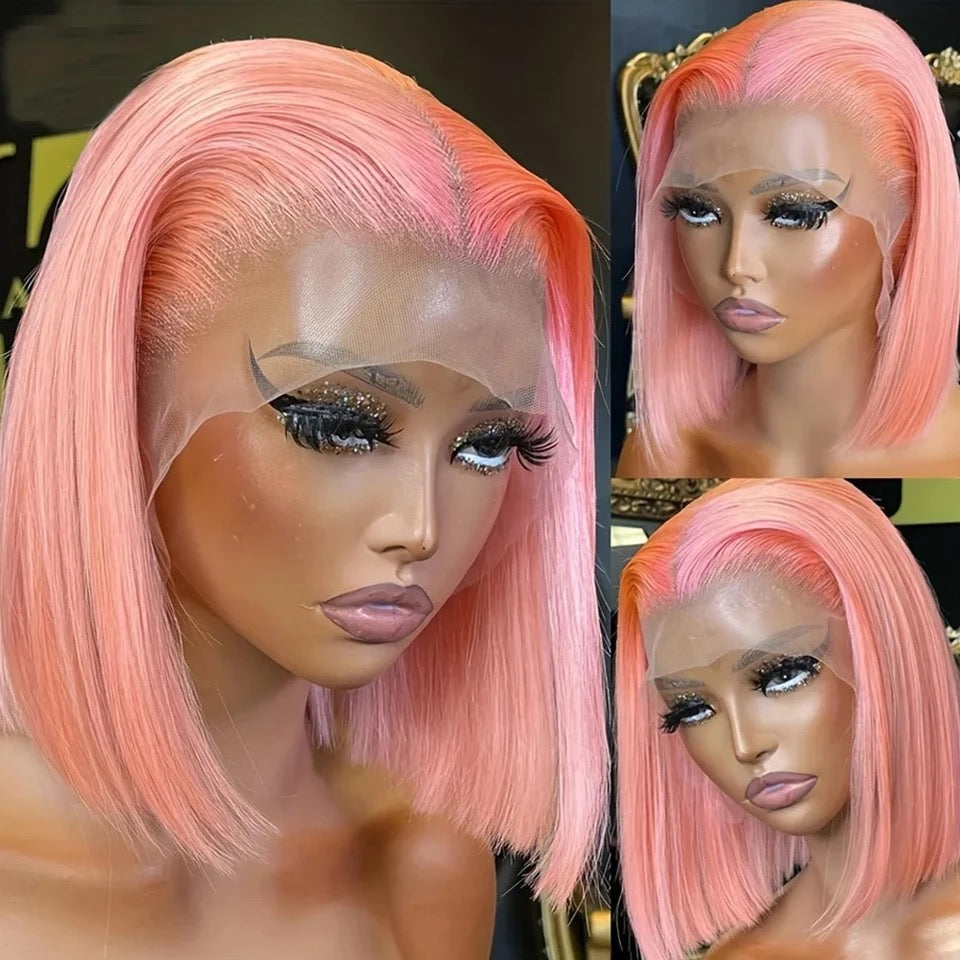 Pink Short Straight Bob Human Hair Wigs 13x4 Lace Frontal HD Lace PrePlucked For Women