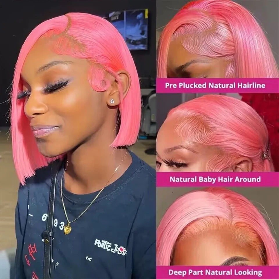 Pink Short Straight Bob Human Hair Wigs 13x4 Lace Frontal HD Lace PrePlucked For Women