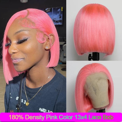 Pink Short Straight Bob Human Hair Wigs 13x4 Lace Frontal HD Lace PrePlucked For Women