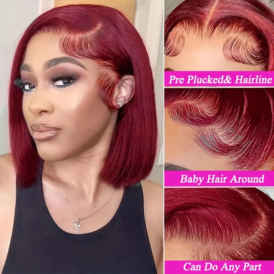 99j Burgundy Straight Short Bob Wigs Human Hair 100% 13x4 Lace Front Wig HD Pre Plucked Short