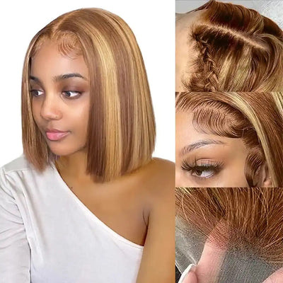 Ombre Highlight Straight Short Bob Lace Closure Wigs Honey Blonde Piano Color