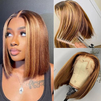 Ombre Highlight Straight Short Bob Lace Closure Wigs Honey Blonde Piano Color