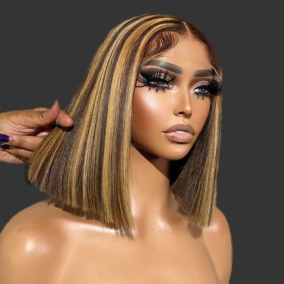 Ombre Highlight Straight Short Bob Lace Closure Wigs Honey Blonde Piano Color