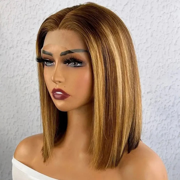 Ombre Highlight Straight Short Bob Lace Closure Wigs Honey Blonde Piano Color