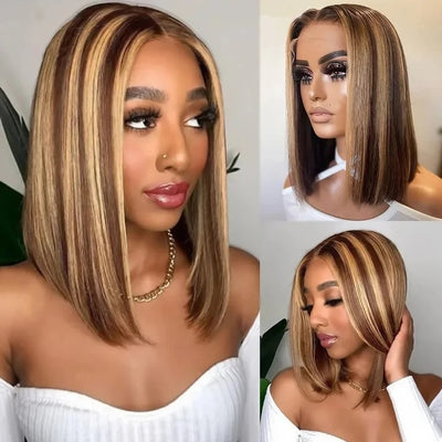 Ombre Highlight Straight Short Bob Lace Closure Wigs Honey Blonde Piano Color