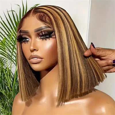 Ombre Highlight Straight Short Bob Lace Closure Wigs Honey Blonde Piano Color