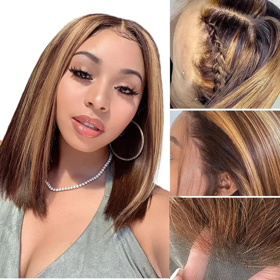 Ombre Highlight Straight Short Bob Lace Closure Wigs Honey Blonde Piano Color