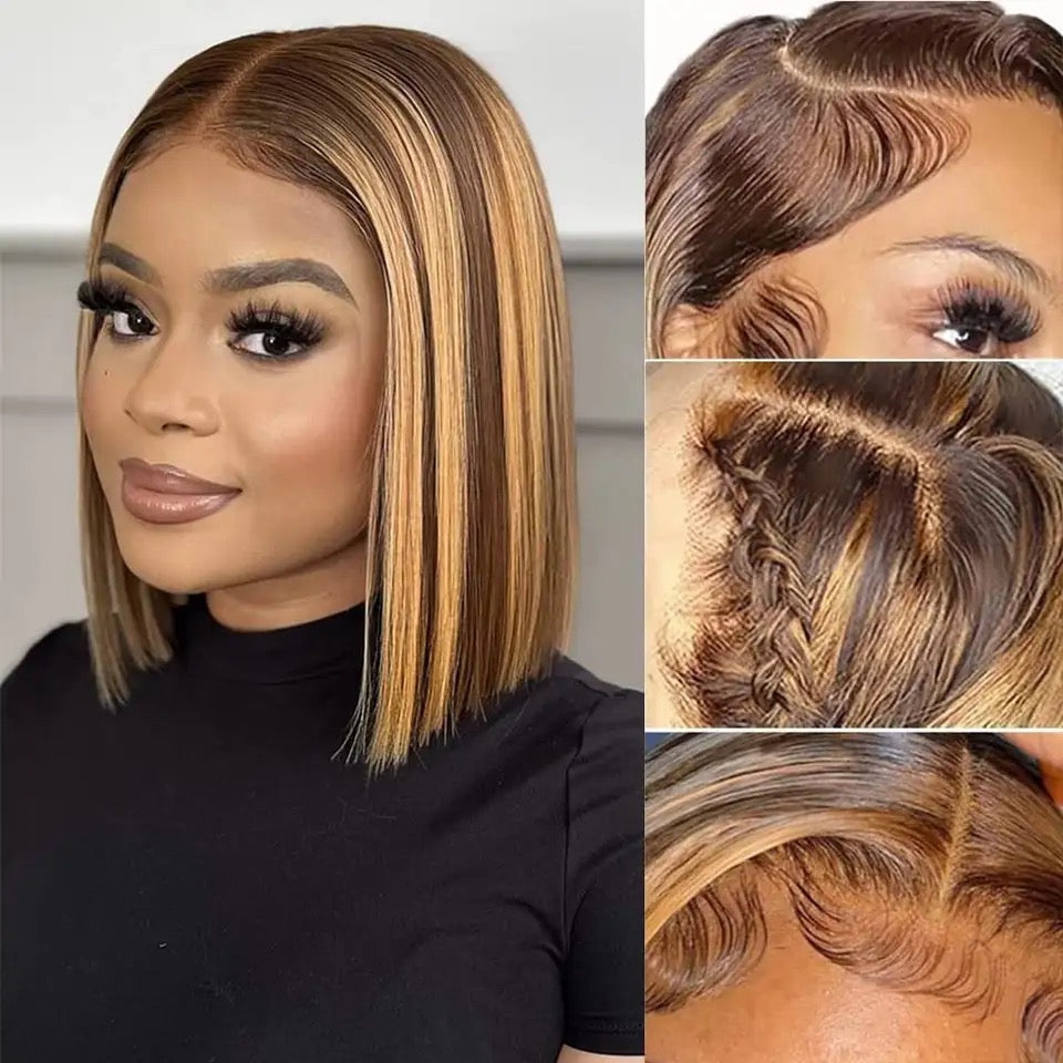 Ombre Highlight Straight Short Bob Lace Closure Wigs Honey Blonde Piano Color