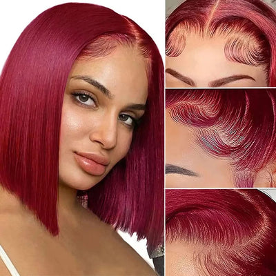 99j Burgundy Straight Short Bob Wigs Human Hair 100% 13x4 Lace Front Wig HD Pre Plucked Short