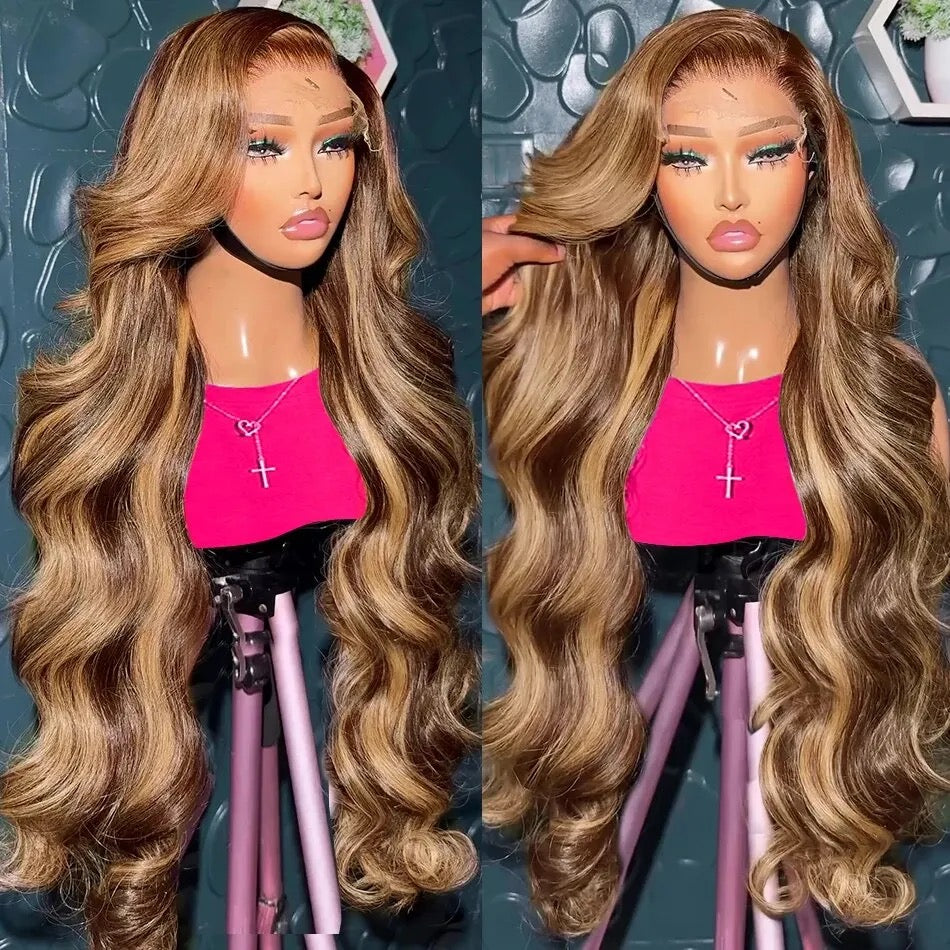 Highlights Ombre Lace Front Wig Body Wave Transparent Lace Brown with Blonde Highlights Wig