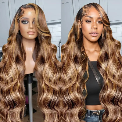 Highlights Ombre Lace Front Wig Body Wave Transparent Lace Brown with Blonde Highlights Wig