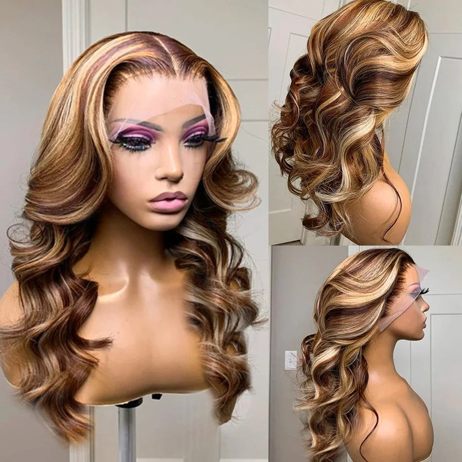 Highlights Ombre Lace Front Wig Body Wave Transparent Lace Brown with Blonde Highlights Wig