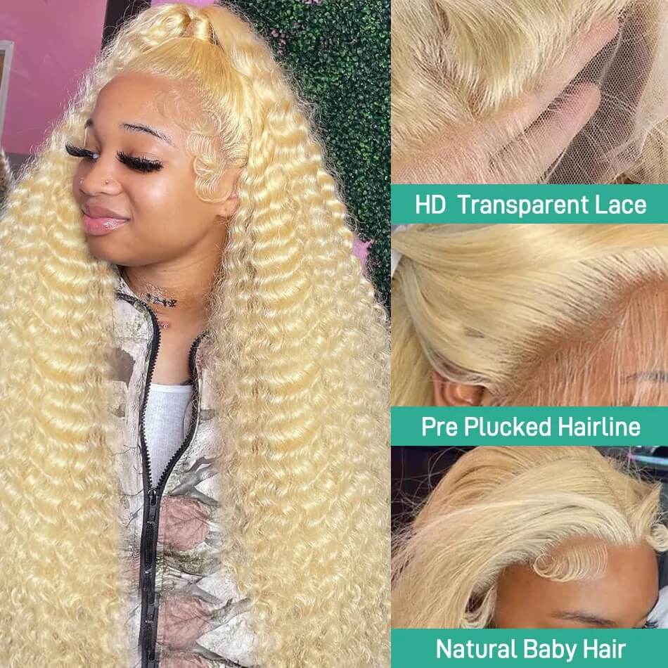 Honey Blonde Lace Front Wig Glueless Deep Wave Wigs 613 Blonde Lace Frontal Wig Transparent Deep Curly Wig