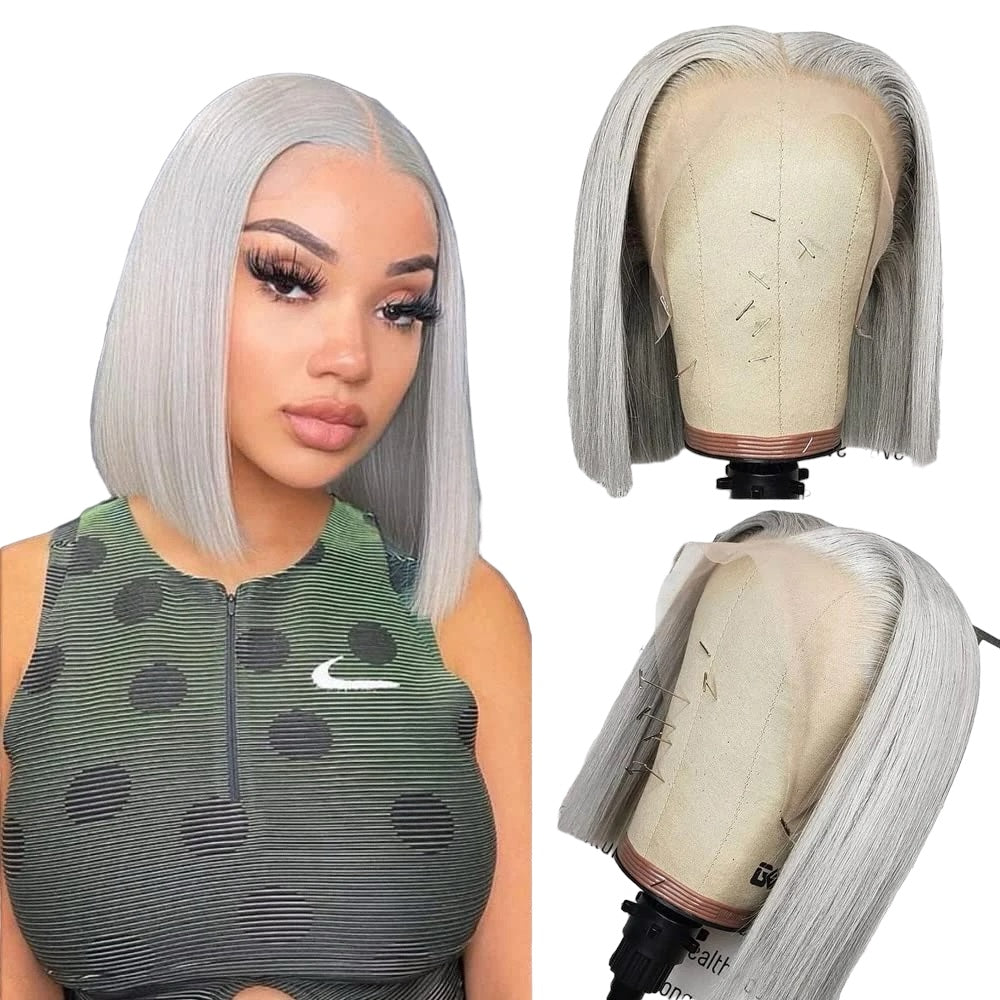 Silver Grey Short Bob Human Hair Wigs Lace Frontal wig