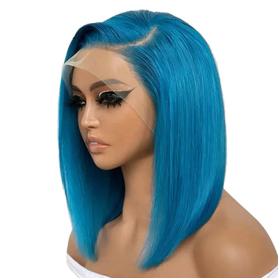 Blue color Straight Human Hair Bob wig 13x4 Lace front Bob Wig