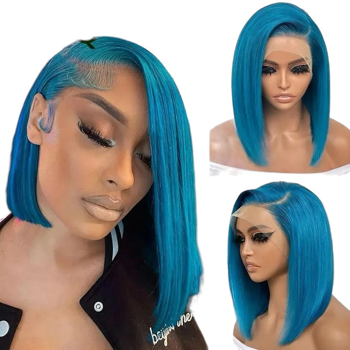 Blue color Straight Human Hair Bob wig 13x4 Lace front Bob Wig