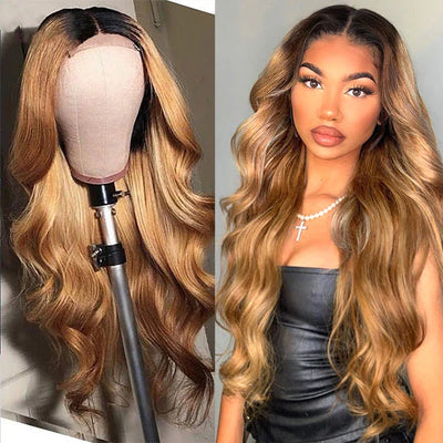 Ombre Honey Blonde Wigs 1B/27 Color 13x4 Lace Front Wig Body Wave Human Hair Wigs